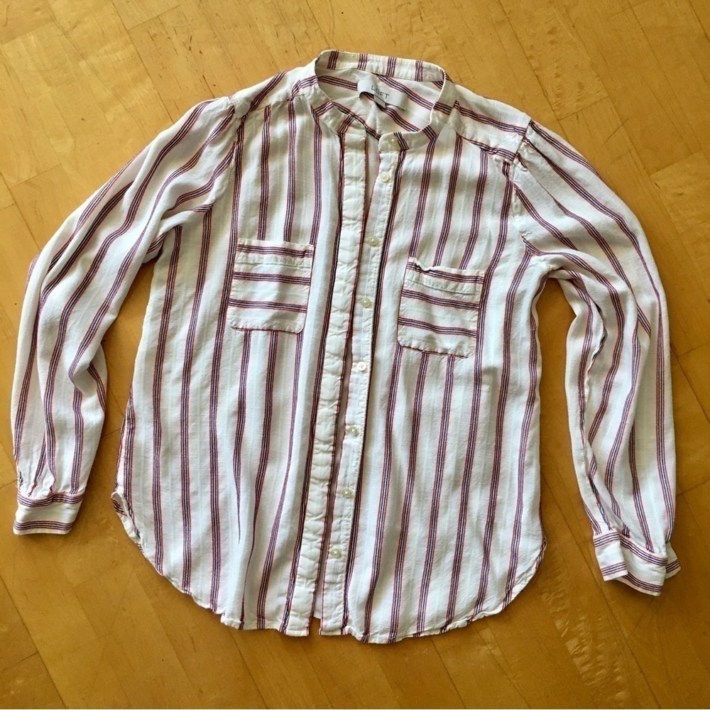 LOFT Striped Long Sleeve Casual Blouse Cream Ivory Ecru Red Navy Size XS - Picture 4 of 13
